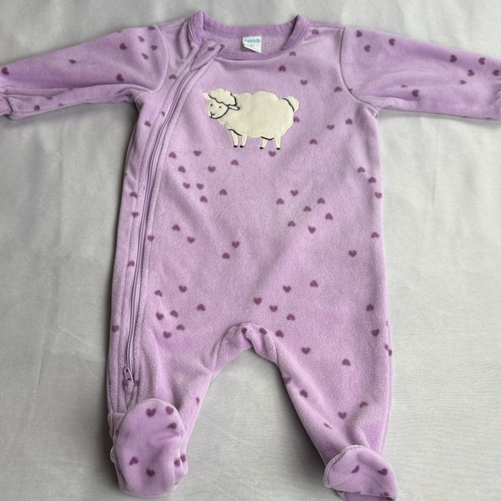 Pekkle Pajama Sleeper Purple Fleece Footed Soft Baby Girl Lamb Hearts Size 3M